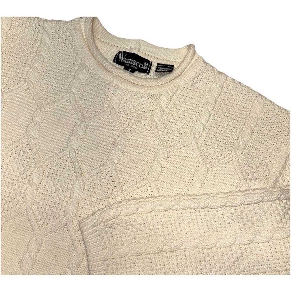 Vtg 90s Wainscott Cream Cable Knit Rolled Neck Oarsman Sweater Cottage Womens PS